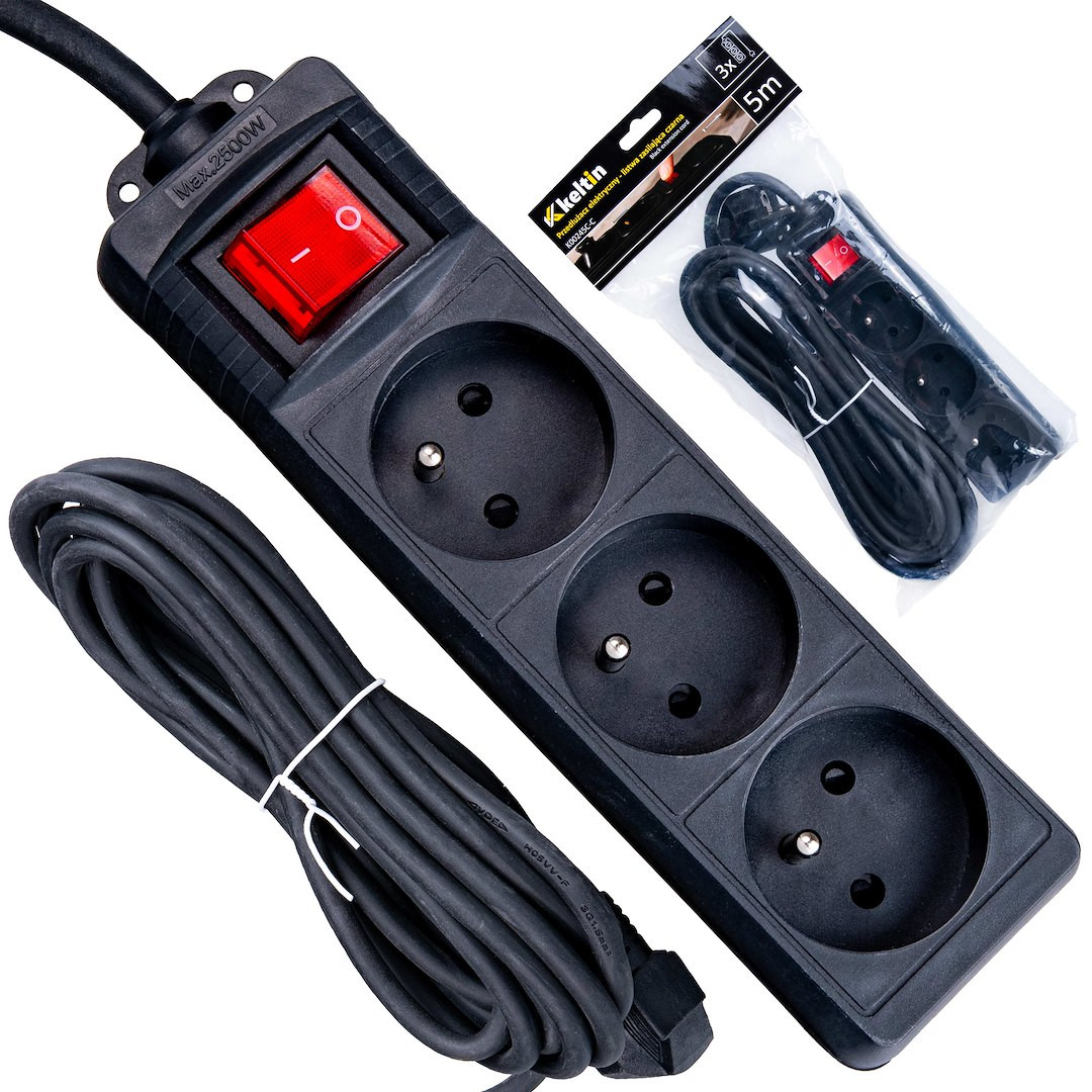 CRNI PRODUŽNI KABEL S PREKIDAČEM, 3 UTIČNICE, 3 M