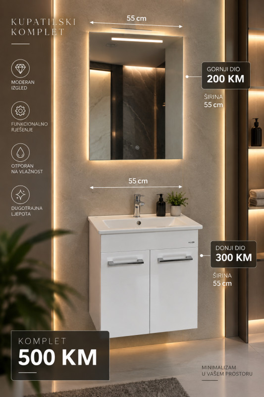 KUPATILSKI NAMJEŠTAJ KOMPLET 55 CM ORMARIĆ UMIVAONIK LED OGLEDALO