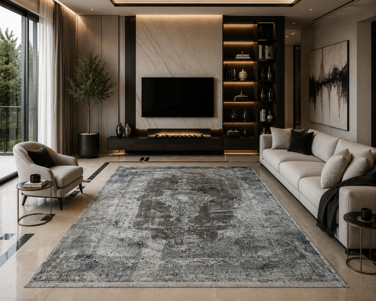 Luksuzni svileni tepih 160x220 tamno sivi presijava se na svjetlu