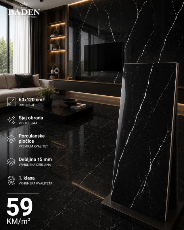 Keramika pločice 60x120 cm crne porculanske pločice sjaj