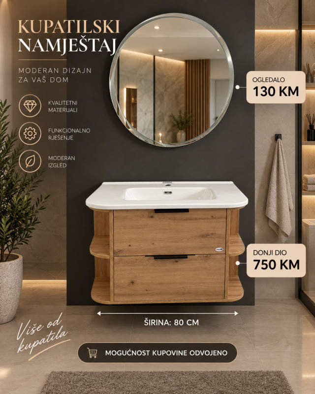 KUPATILSKI NAMJEŠTAJ ORMARIĆ UMIVAONIK OGLEDALO 80CM KOMPLET