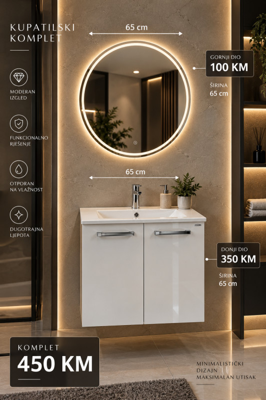 KUPATILSKI NAMJEŠTAJ KOMPLET 65 CM ORMARIĆ UMIVAONIK LED OGLEDALO