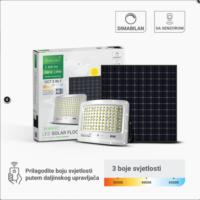 LED solarni reflektor Green Tech 200W, 3CCT, IP65