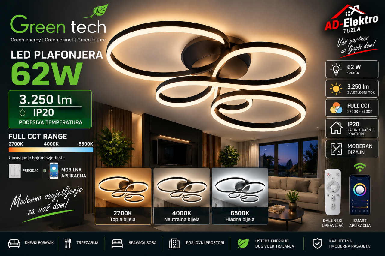 Green Tech LED plafonjera 62W SMART WiFi daljinski CCT