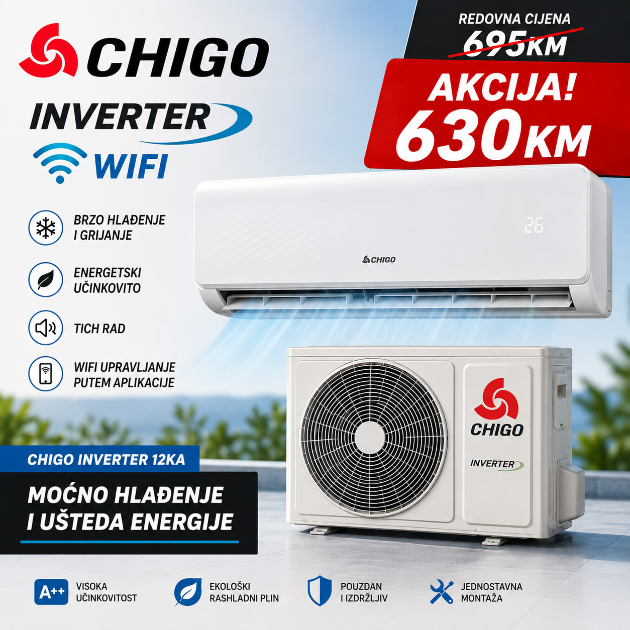 Klima Chigo 12 12000BTU 3.5kW -25 +50 s grijačem WiFi Inverter