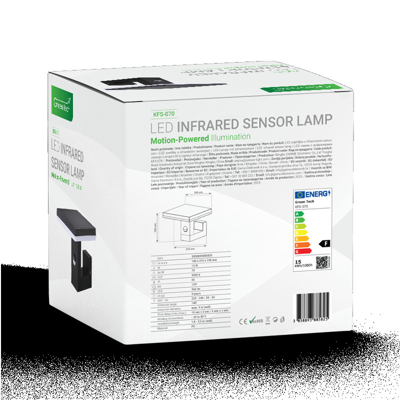 LED zidna svjetiljka sa senzorom 15W, 3000K, crna boja