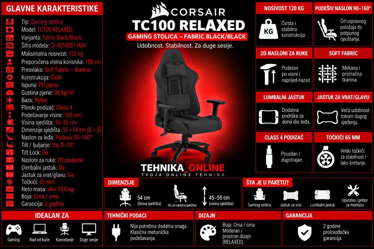 Corsair TC100 Gaming Chair Relaxed, Fabric Black/Black 120kg
