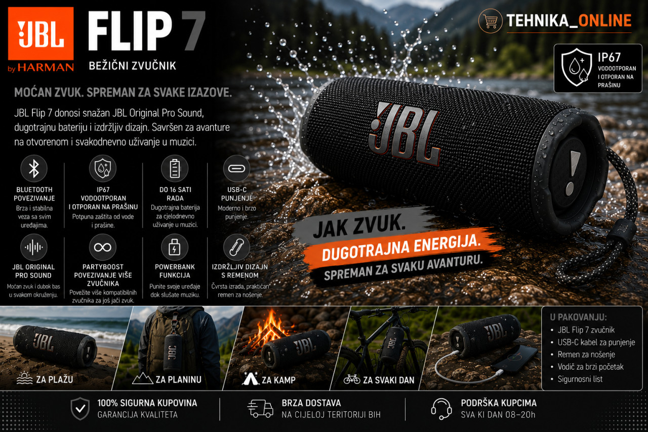 JBL Flip 7 bežični zvučnik, Bluetooth crni