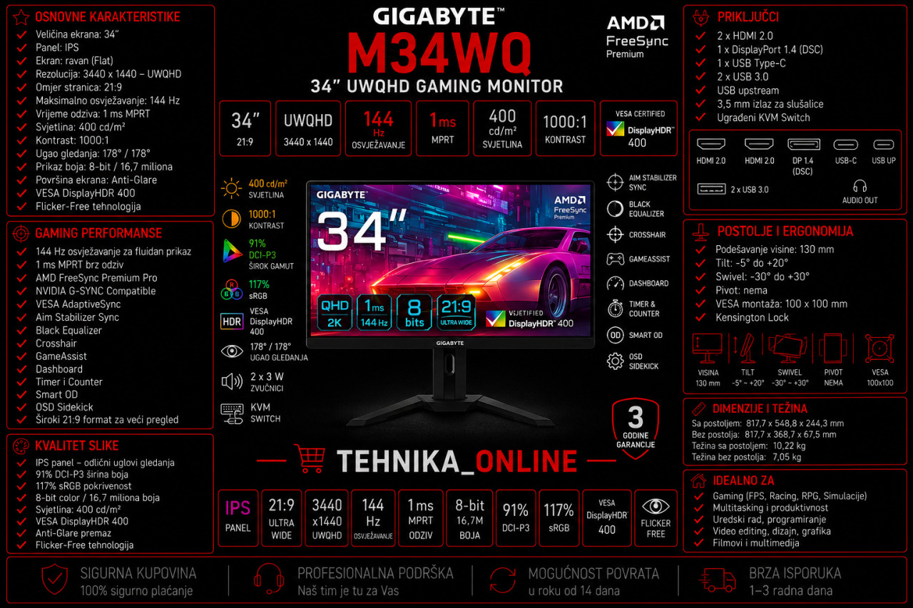 GIGABYTE M34WQ 34"UW-QHD 144Hz 1ms IPS