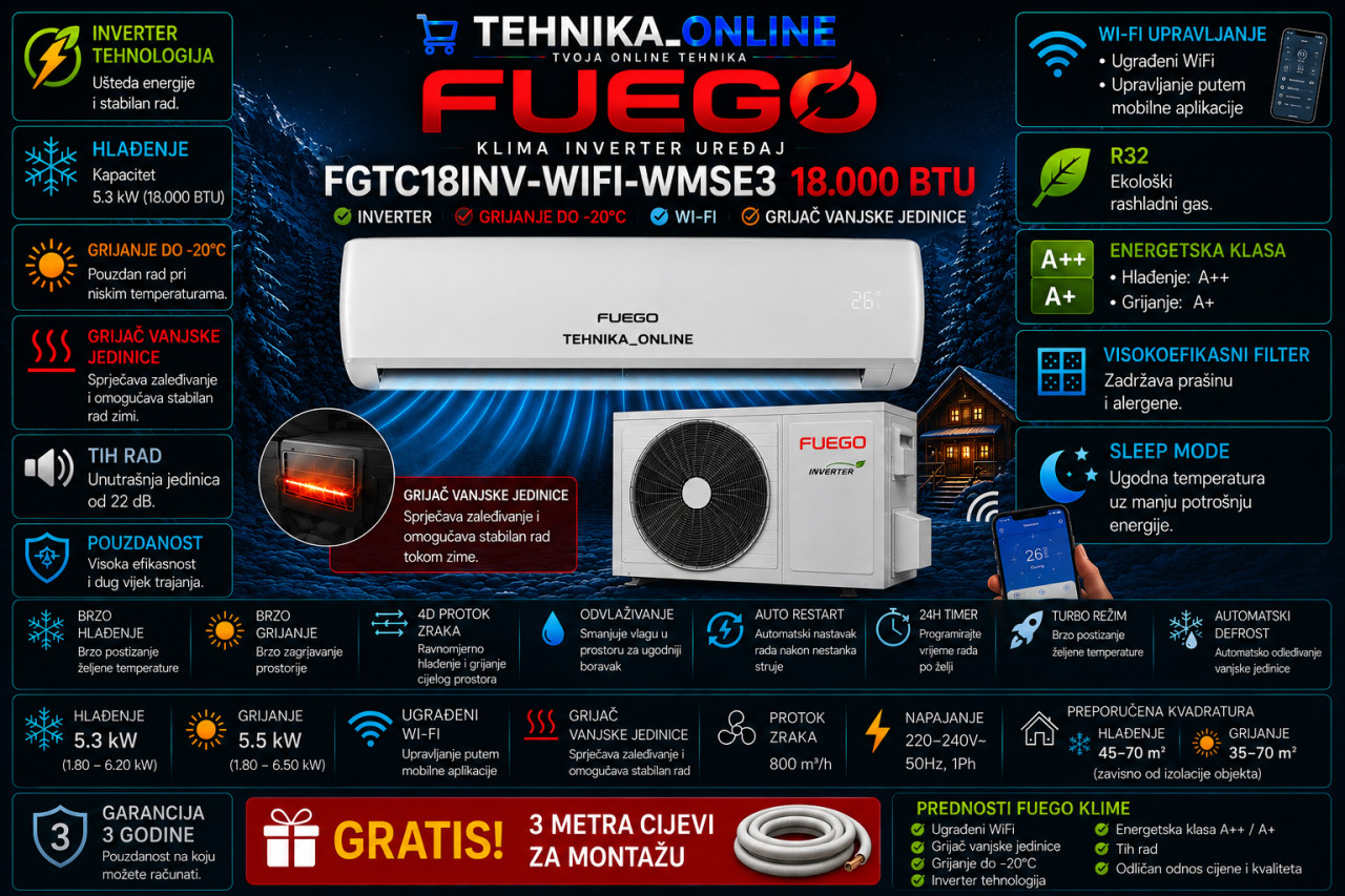 Klima Inverter 18ka sa grijacem Fuego FGTC18INV-WIFI-WMSE3
