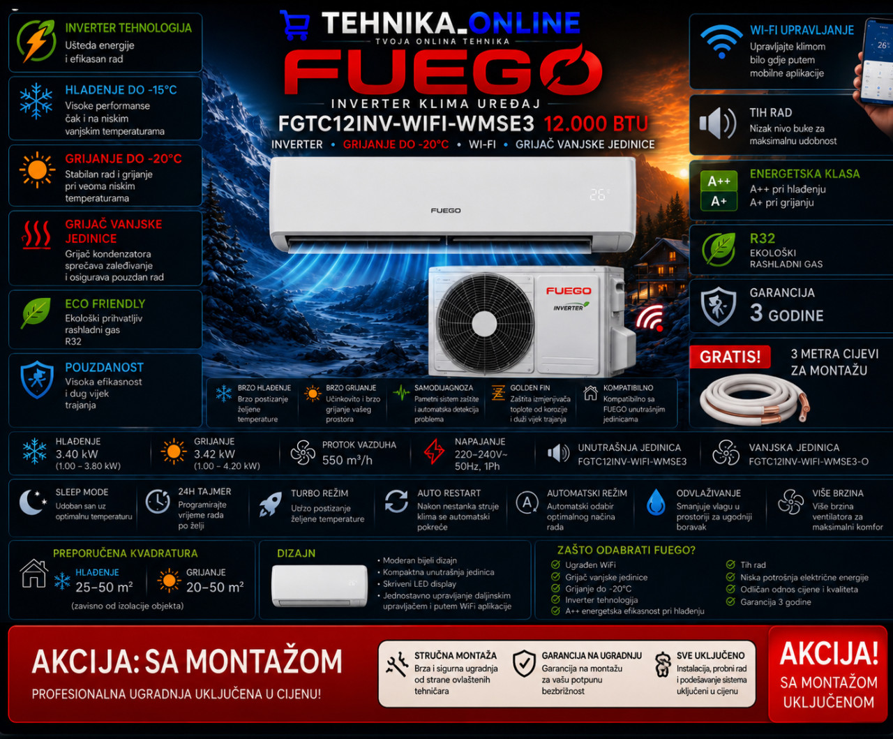 FUEGO Klima FGTC12INV-WIFI-WMSE3 12 -20 grijac sa montazom