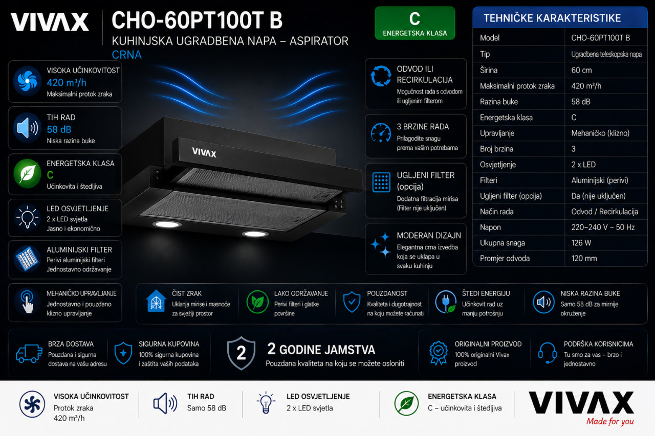 Ugradbena kuhinjska napa crna Vivax CHO-60BI100T B