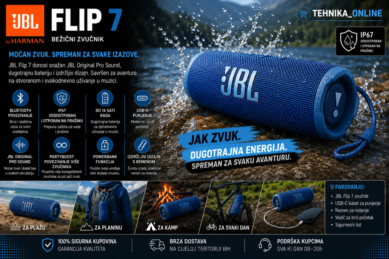 JBL Flip 7 bežični zvučnik, Bluetooth, plavi