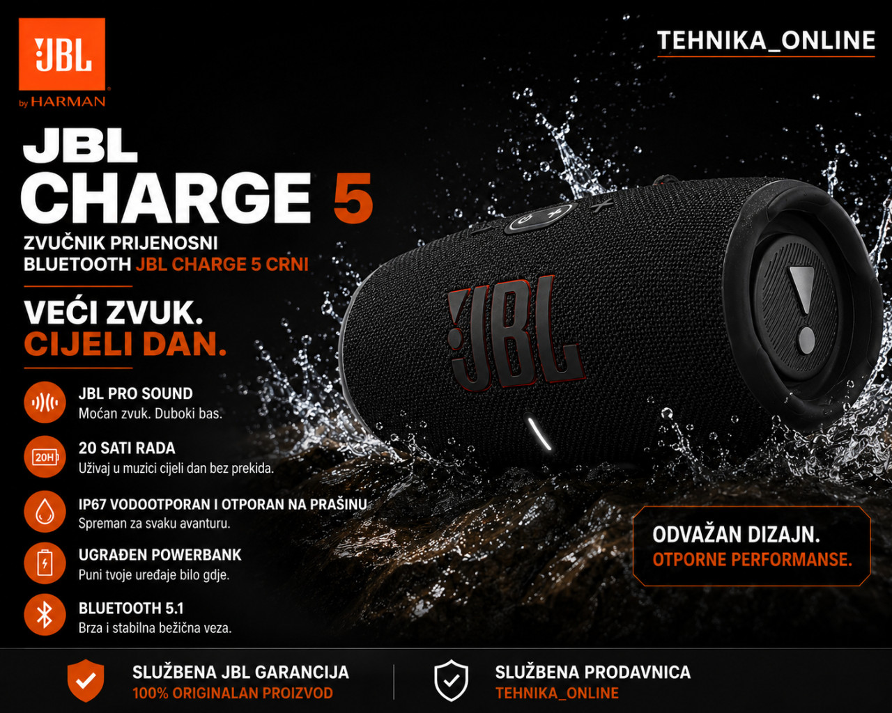 Zvučnik prijenosni bluetooth JBL CHARGE 5 CRNI