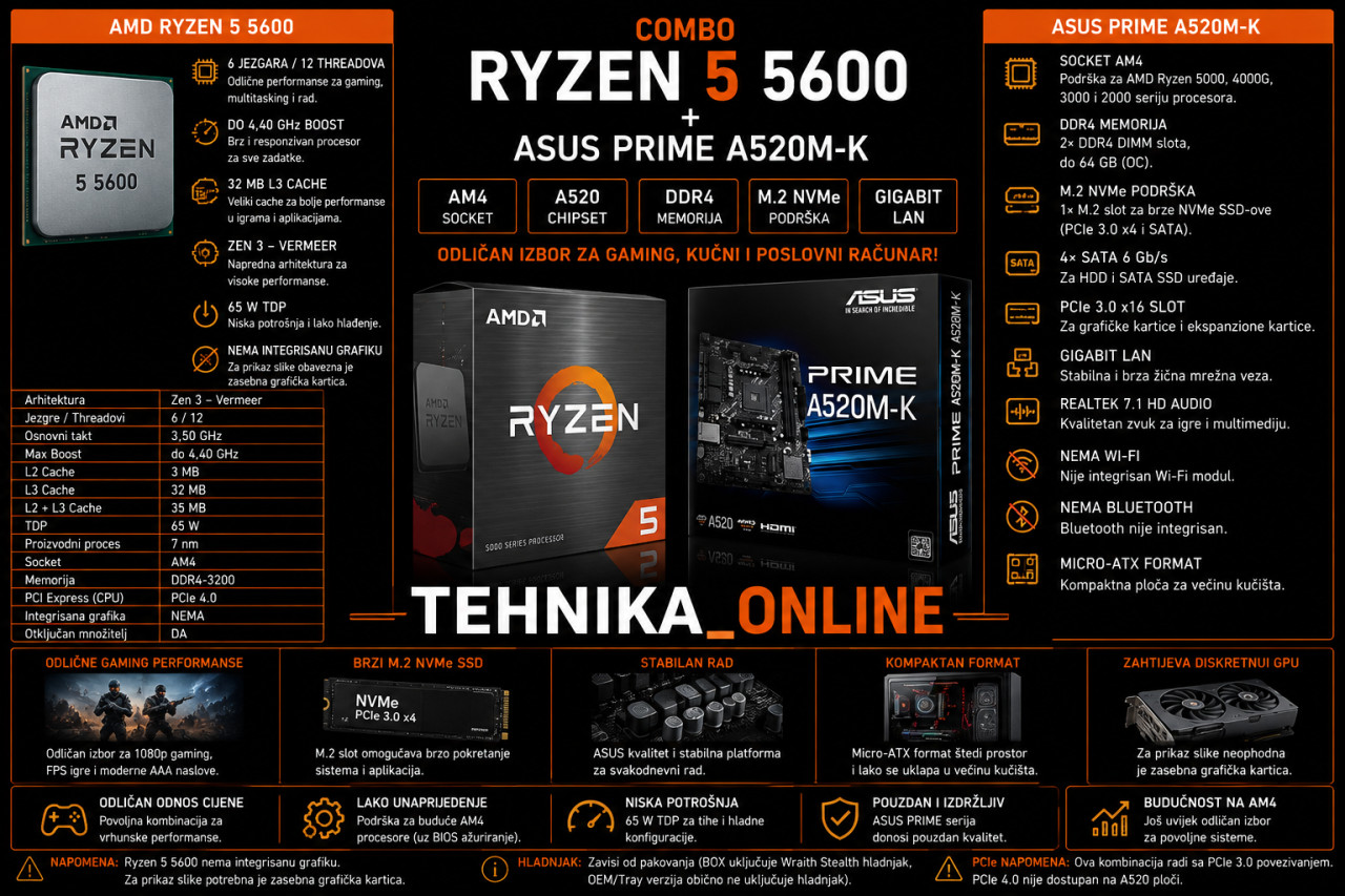 COMBO AMD RYZEN 5 5600, ASUS PRIME A520M-K