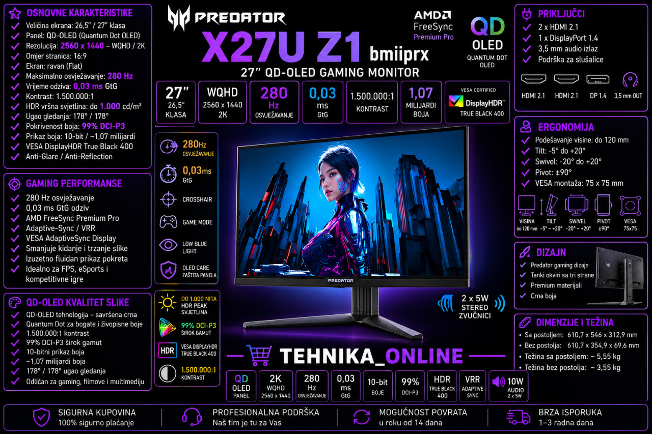 ACER X27UZ1bmiiprx 2K 280HZ QD OLED