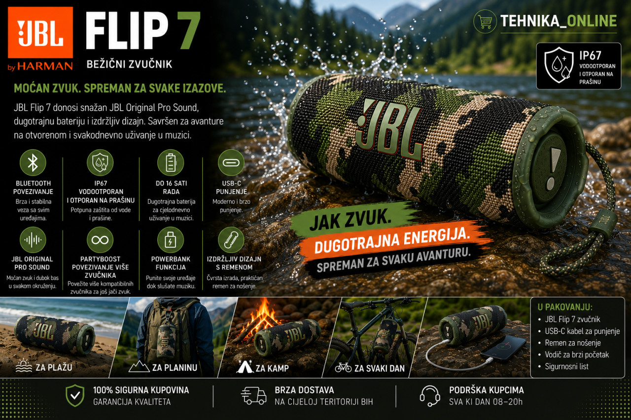 JBL Flip 7 bežični zvučnik, Bluetooth maskirni