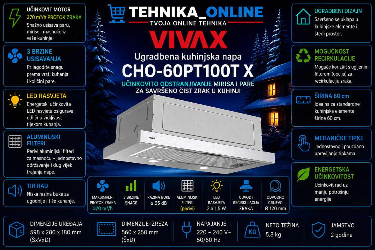 Ugradbena kuhinjska napa siva VIVAX CHO-60PT100T X inox aspirator