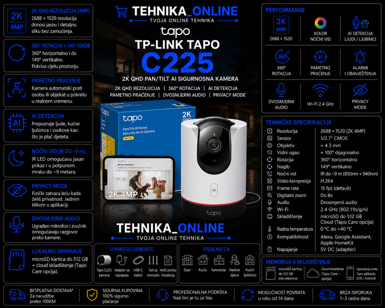 TP-LINK Tapo C225 2K WiFi IP kamera 4mm