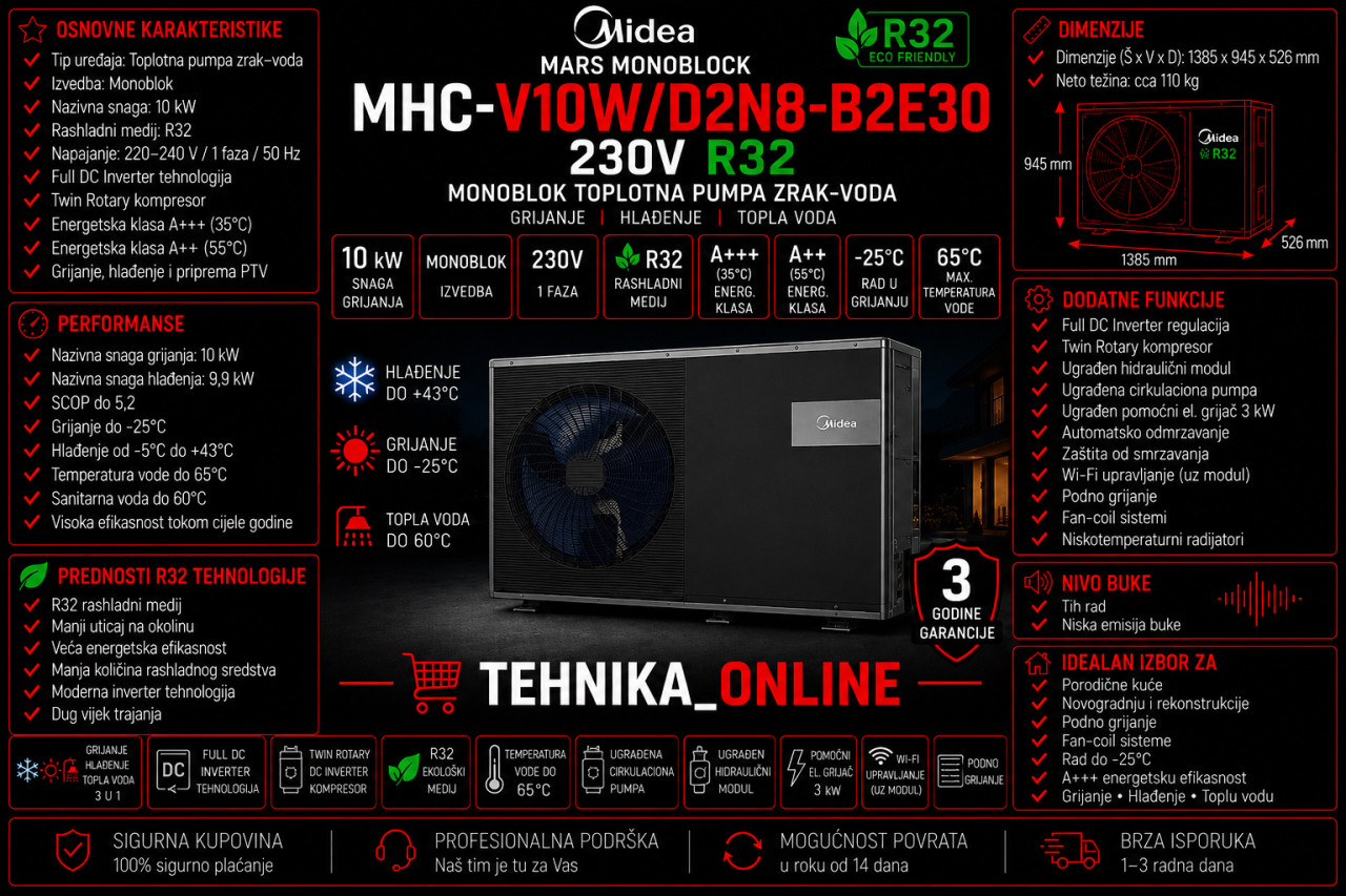 Midea Monoblok MHC-V10W/D2N8-B2E30 10 KW Topplotna pumpa