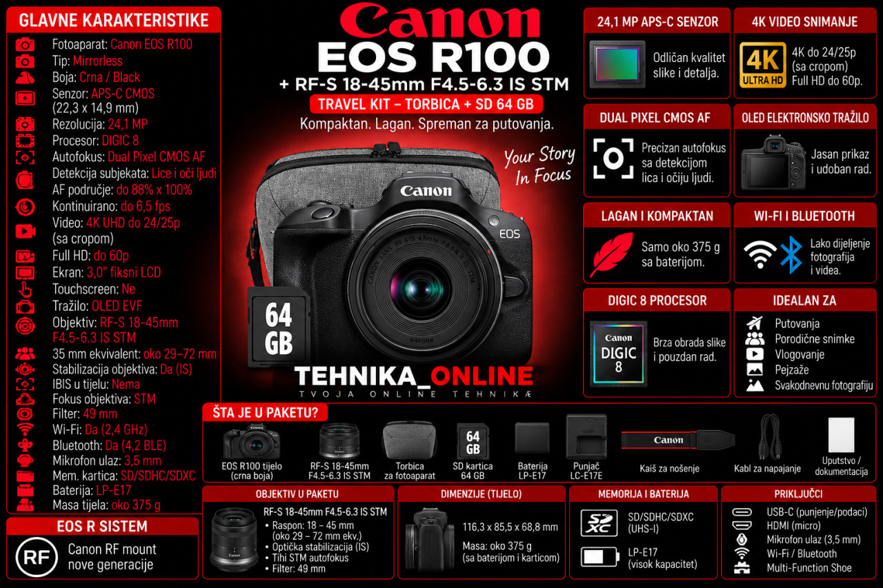 Fotoaparat CANON R100 + RFS18-45 travel kit - torbica i SD64GB
