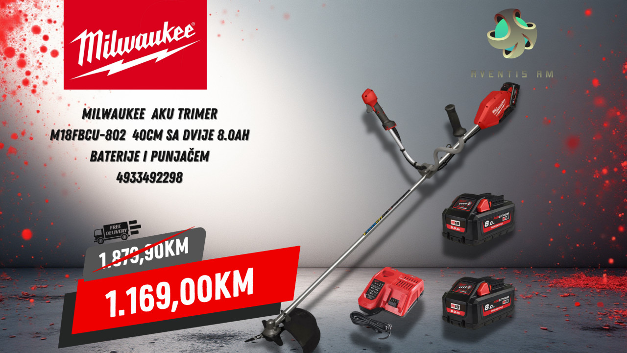Milwaukee aku trimer M18FBCU sa dvije 8.0Ah baterije i punjačem