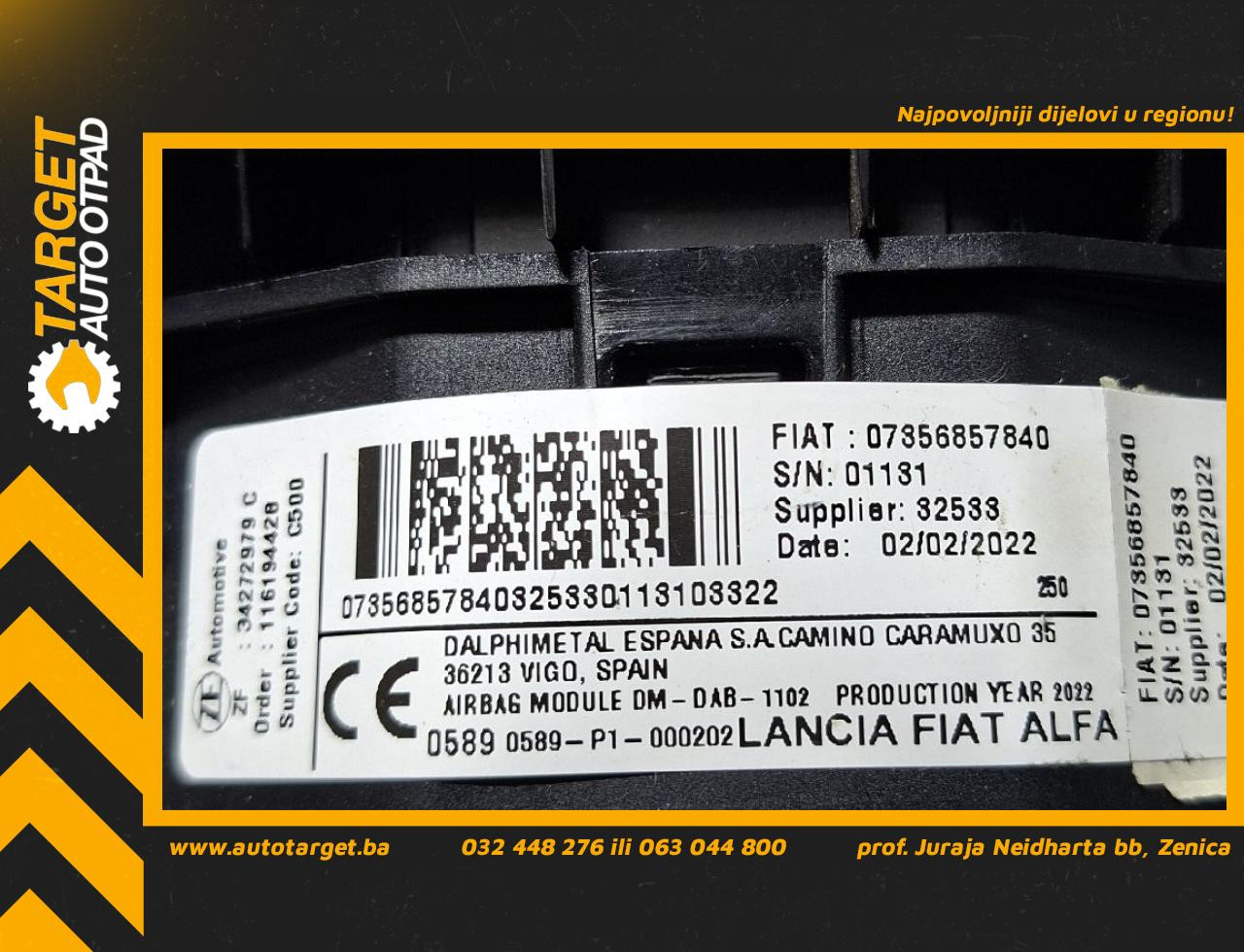 DIJELOVI AIRBAG VOLANA CITROEN JUMPER > 14- 2.2  07356857840