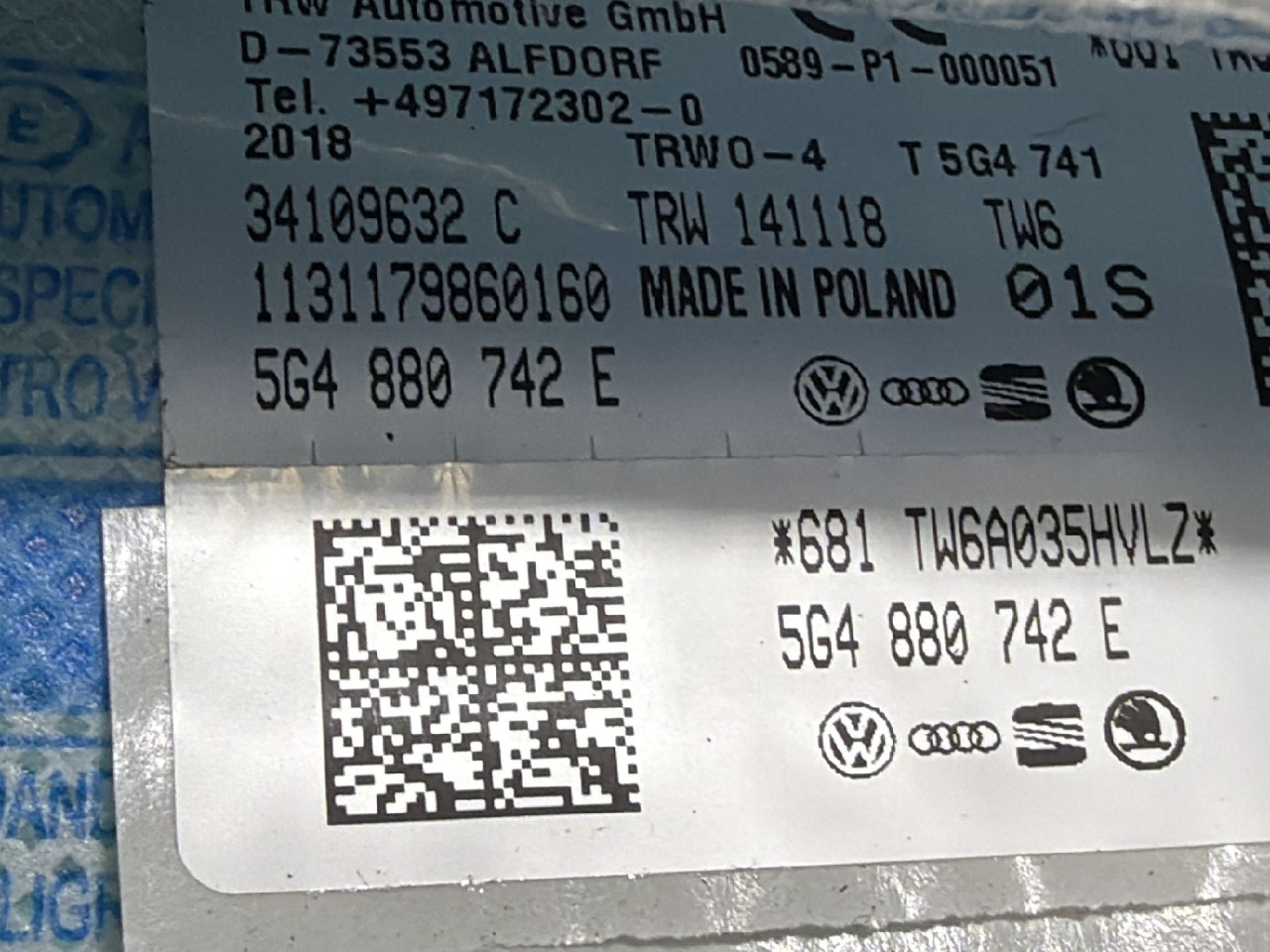 DIJELOVI KROVNI AIRBAG VW GOLF 7 FACELIFT > 16-20 1.6 5G4880742E