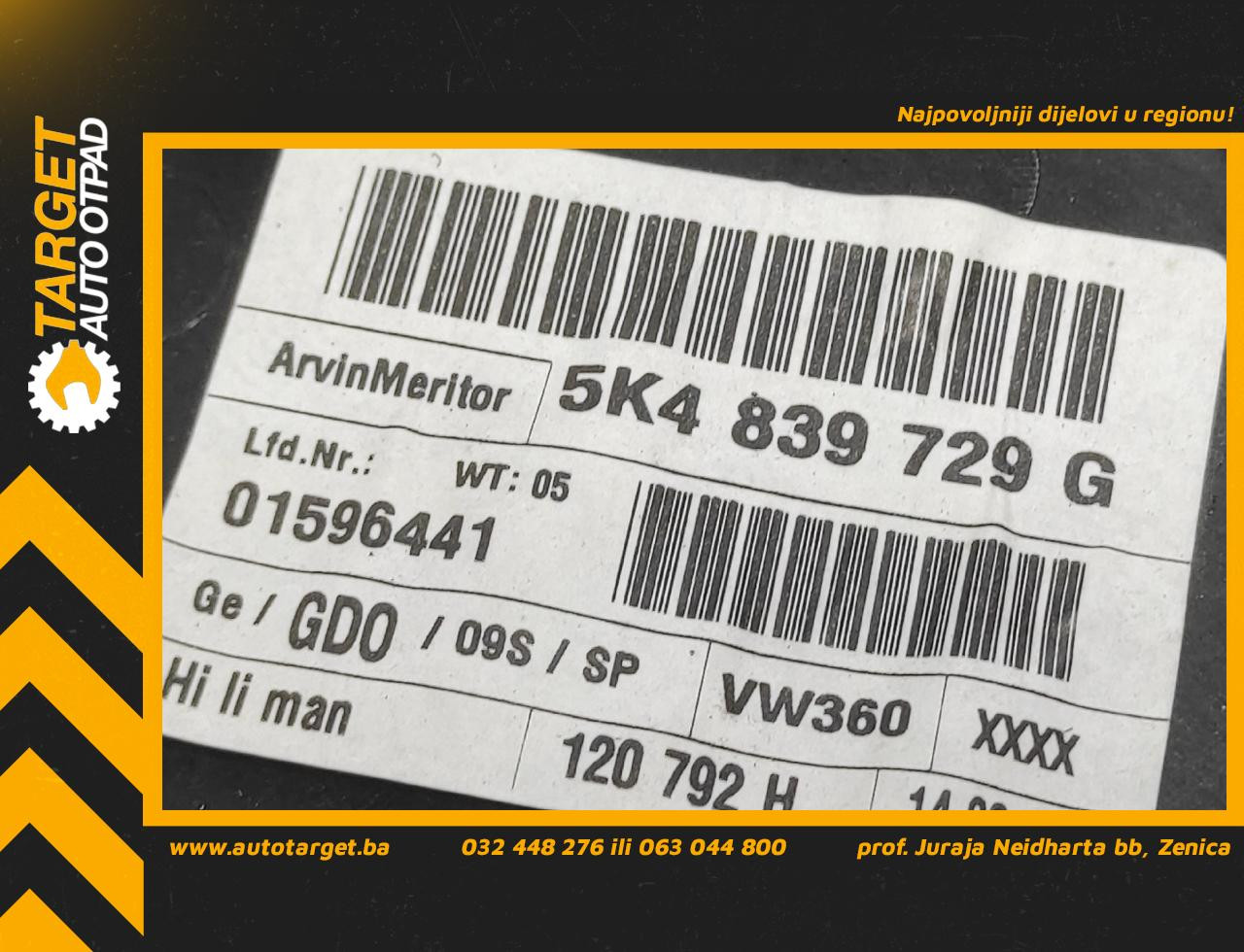 MANUELNI PODIZAC STAKLA VW GOLF 6 > 08-12 5K4839729G
