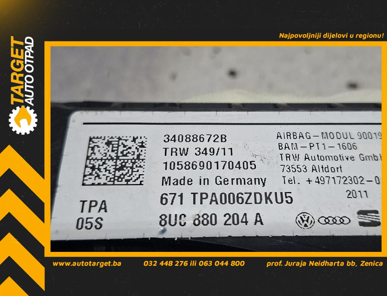 DIJELOVI AIRBAG SUVOZACA AUDI Q3 > 11-15 2.0 8U0880204A