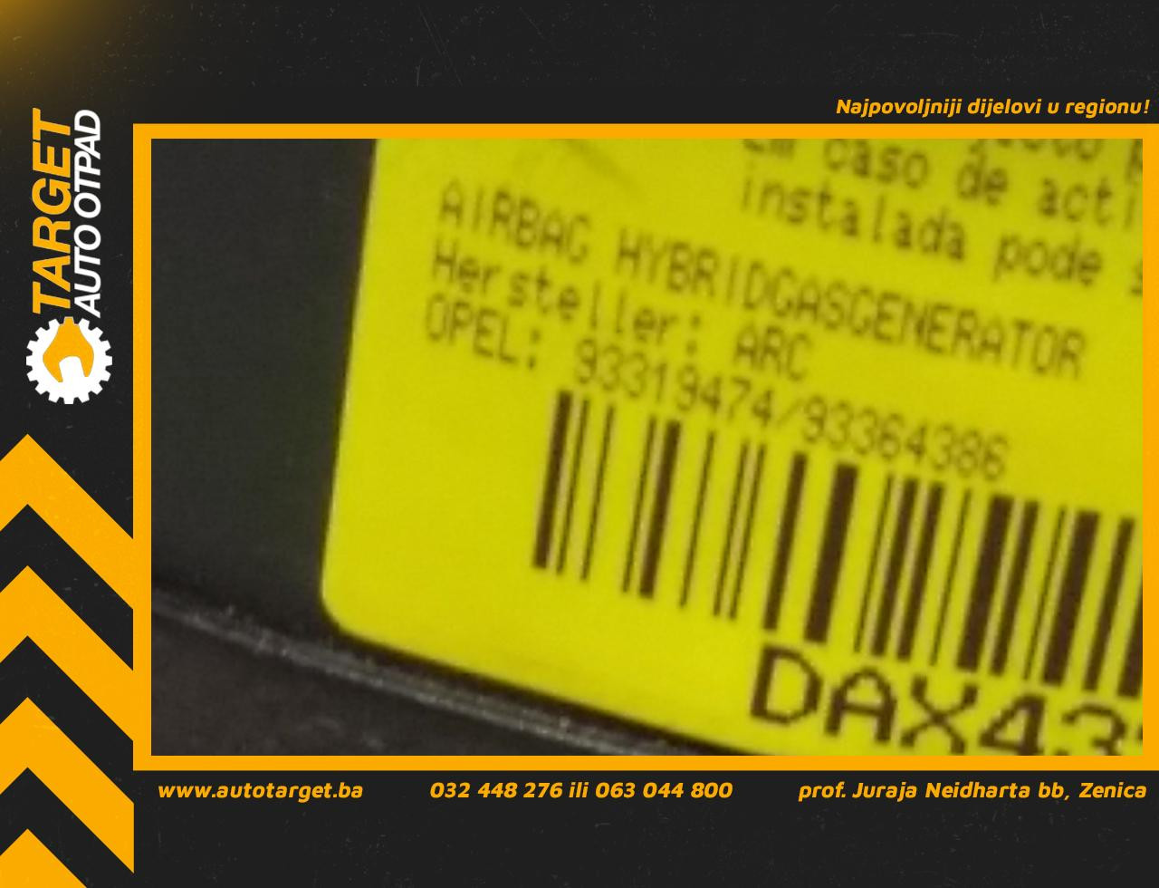 DIJELOVI AIRBAG VOLANA OPEL MERIVA > 03-06 93319474