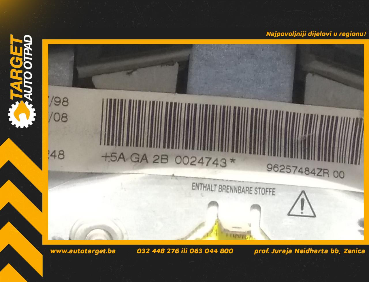 DIJELOVI AIRBAG VOLANA PEUGEOT 206 > 98-09 96257484ZR