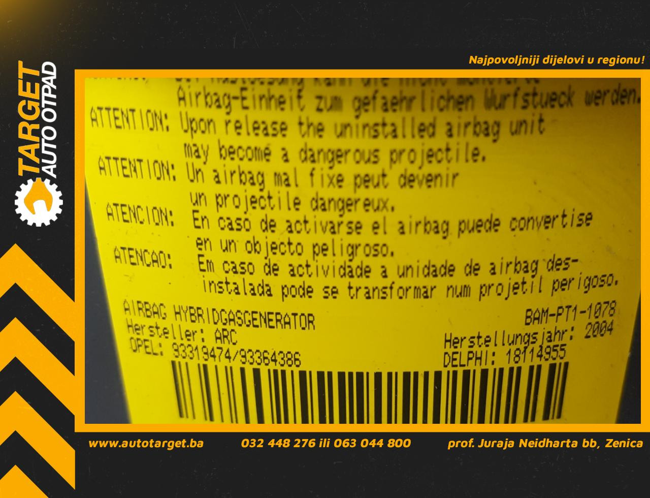 DIJELOVI AIRBAG VOLANA OPEL MERIVA > 03-06 93319474