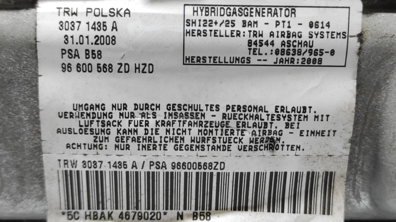 AIRBAG NOGU CITROEN C4 PICASSO > 07-10 96600568ZD