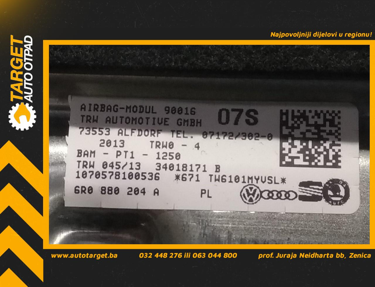 DIJELOVI AIRBAG SUVOZACA VW POLO > 09-14 1.6 6R0880204A
