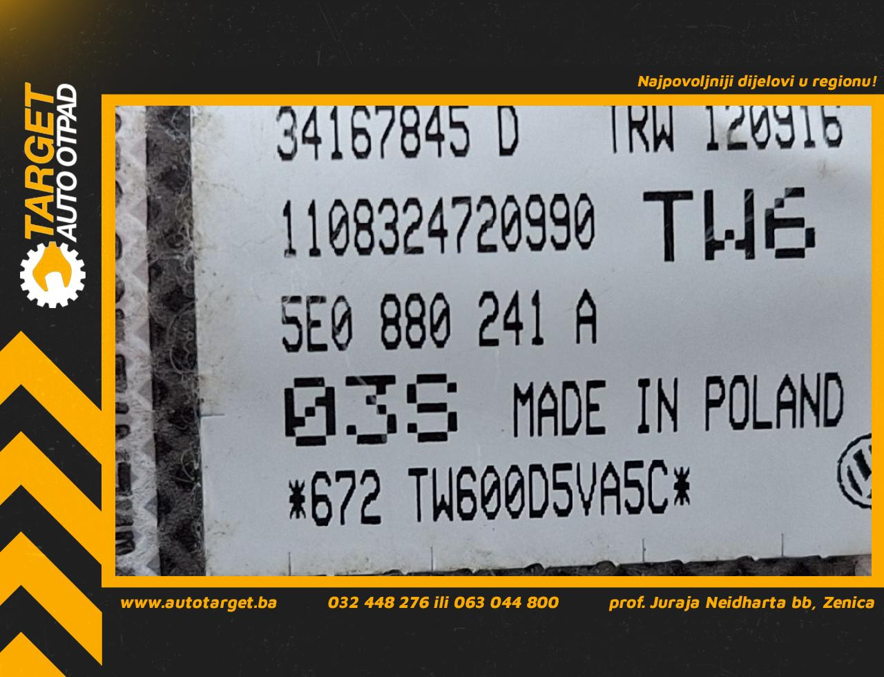 DIJELOVI AIRBAG SJEDISTA SKODA OCTAVIA > 13-16 1.6 5E0880241