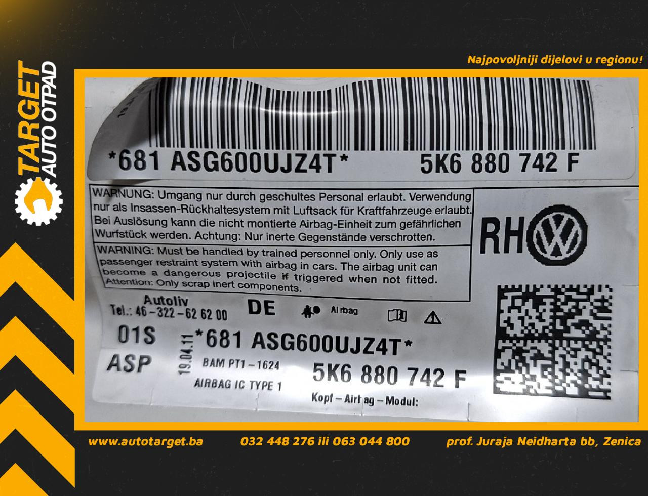 DIJELOVI KROVNI AIRBAG VW GOLF 6 > 08-12 1.6 5K6880742F
