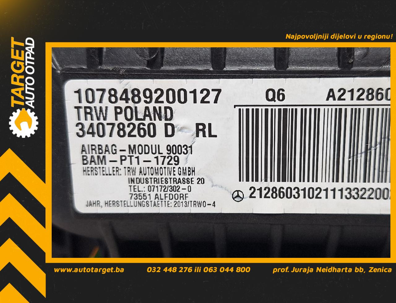AIRBAG SUVOZACA MERCEDES E KLASA (W212) > 13-16 A2128603102
