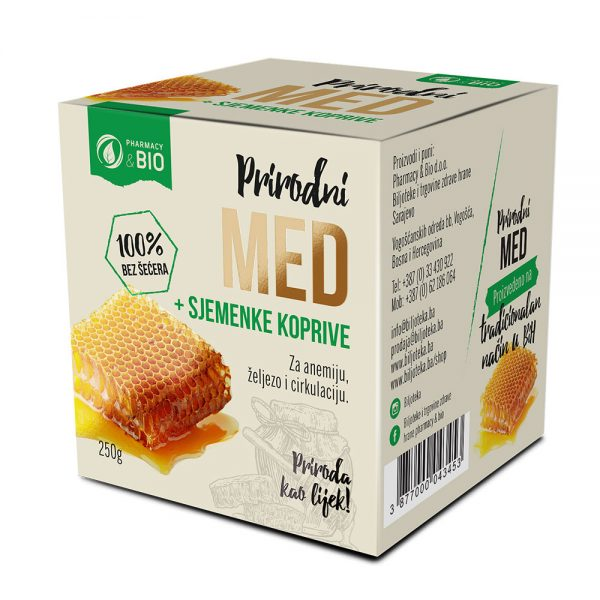 PRIRODNI MED+SJEMENKE KOPRIVE 100% BEZZ ŠEĆERA 250G - jača imunitet, liječi anemiju i manjak željeza, poboljšava v