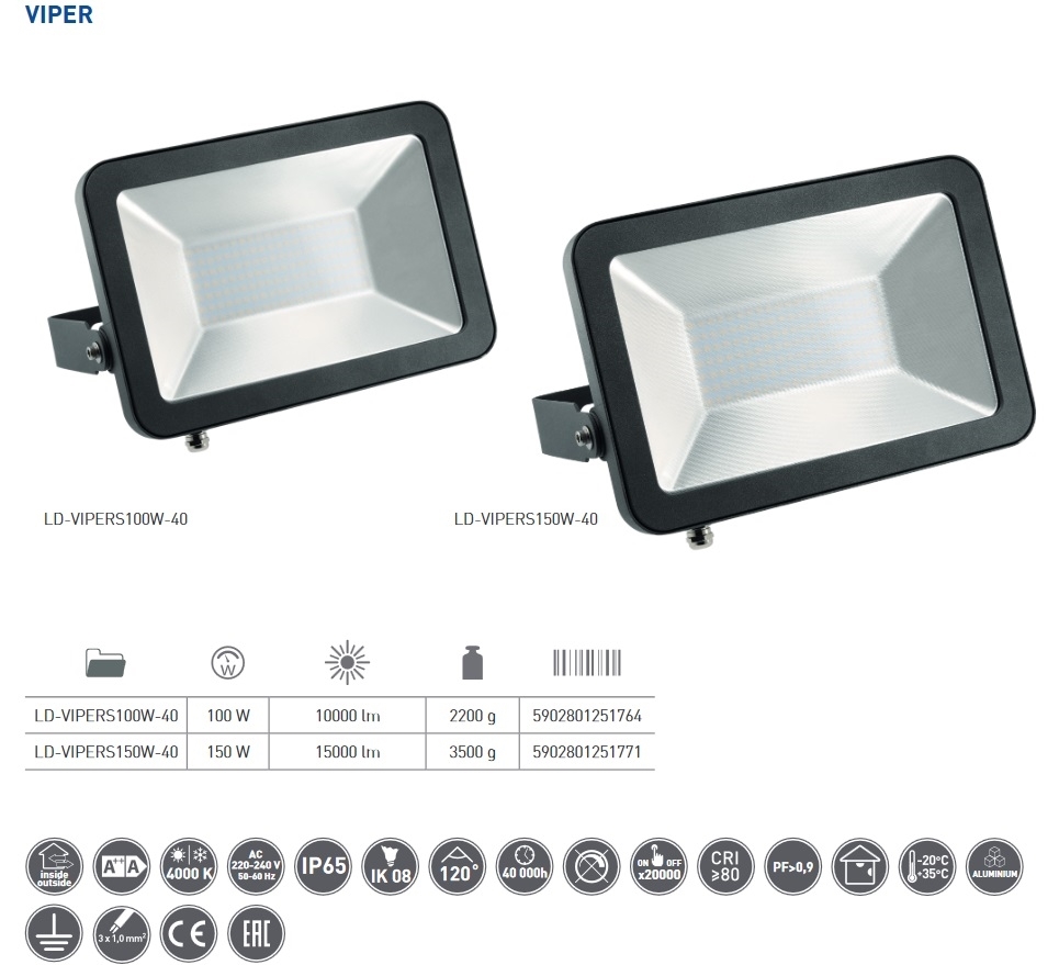 LD-VIPERS100W-40 LED Reflektor VIPER 100W 4000K 10000lm crni
