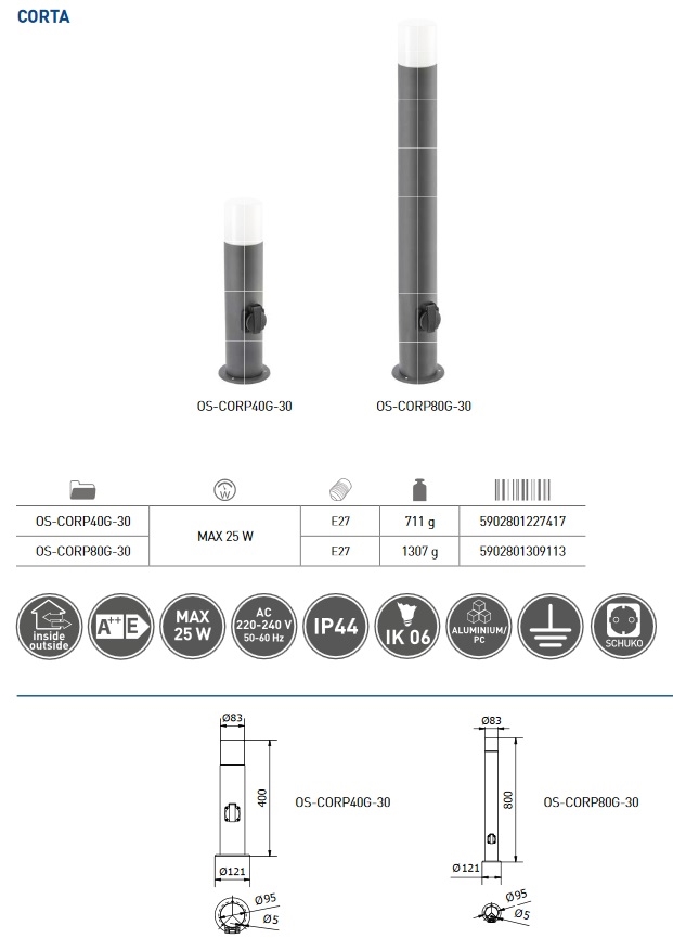 OS-CORP40G-30 Vrtna okrugla svjetiljka sa utičnicom 40cm CORTA-P E27 IP54 siva