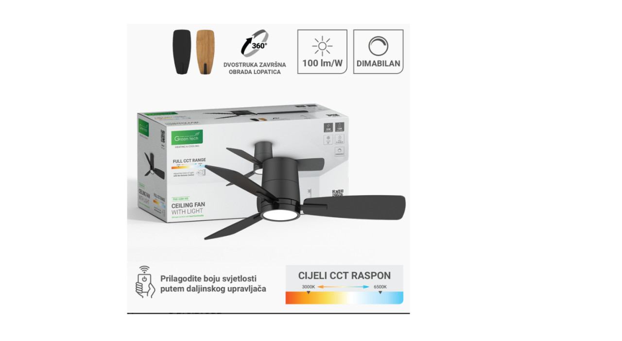 STROPNI VENTILATOR SA SVJETILJKOM GREEN TECH 15W , CRNO