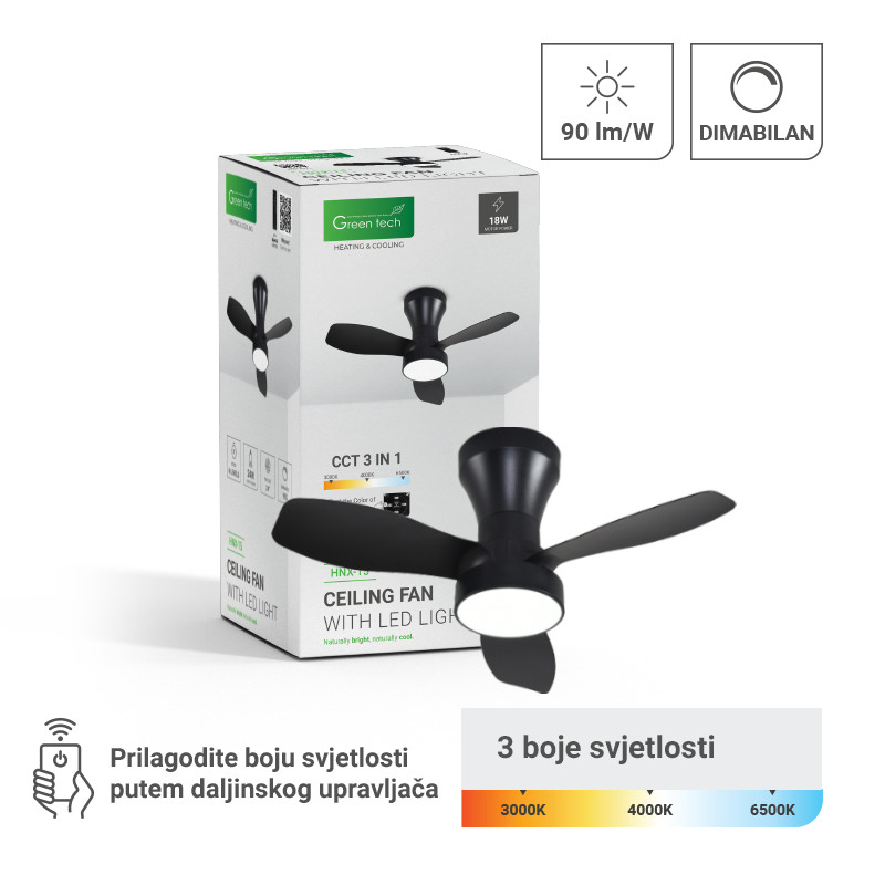 STROPNI VENTILATOR SA SVJETILJKOM GREEN TECH 24", 18W, 3CCT, CRNI