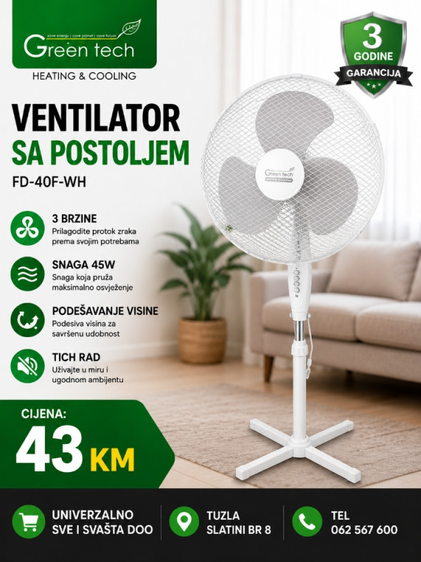 GREEN TECH VENTILATOR SA POSTOLJEM FD-40F 50W , 16 , BIJELI