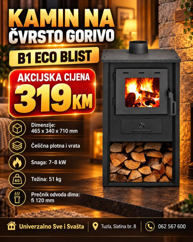 KAMIN NA CVRSTO GORIVO B1 ECO BLIST - 7-8kW
