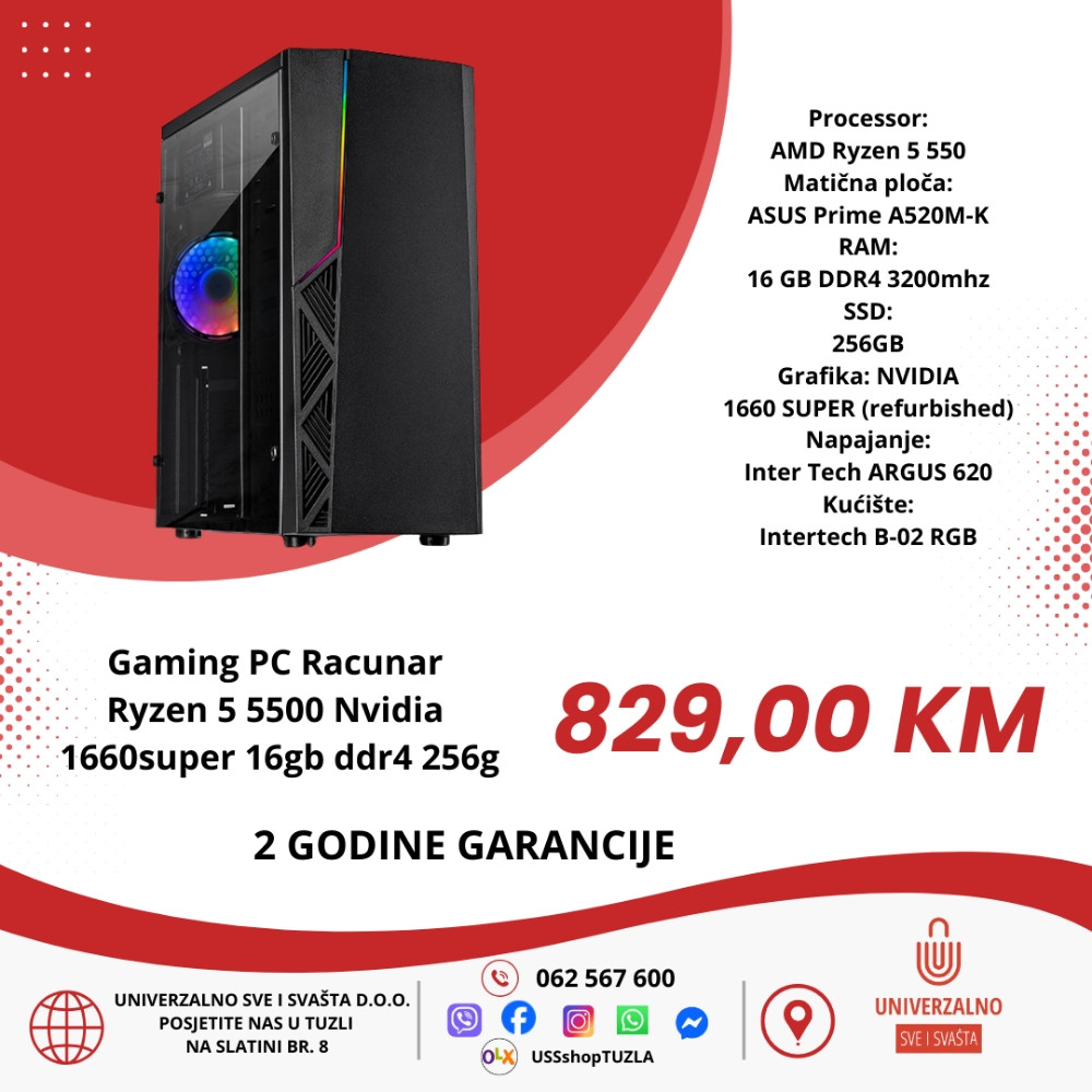 Gaming PC Računar Ryzen 5 5500 Nividia 1660super 16gb ddr4 256g