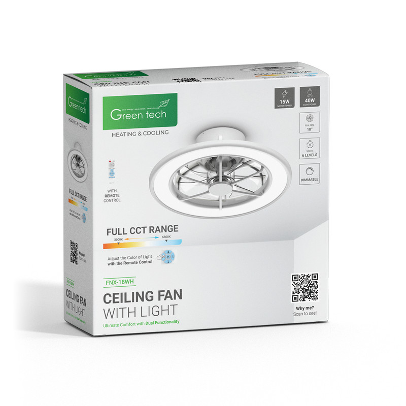 STROPNI VENTILATOR SA SVJETILJKOM GREEN TECH, 18,40W,3CCT, BIJELI
