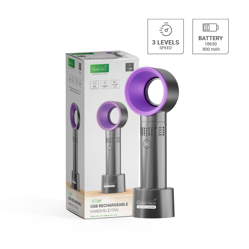 VENTILATOR GREEN TECH ,1.9W, CRNI + LJUBICASTI , SA USB PUNJENJEM