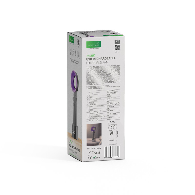 VENTILATOR GREEN TECH ,1.9W, CRNI + LJUBICASTI , SA USB PUNJENJEM