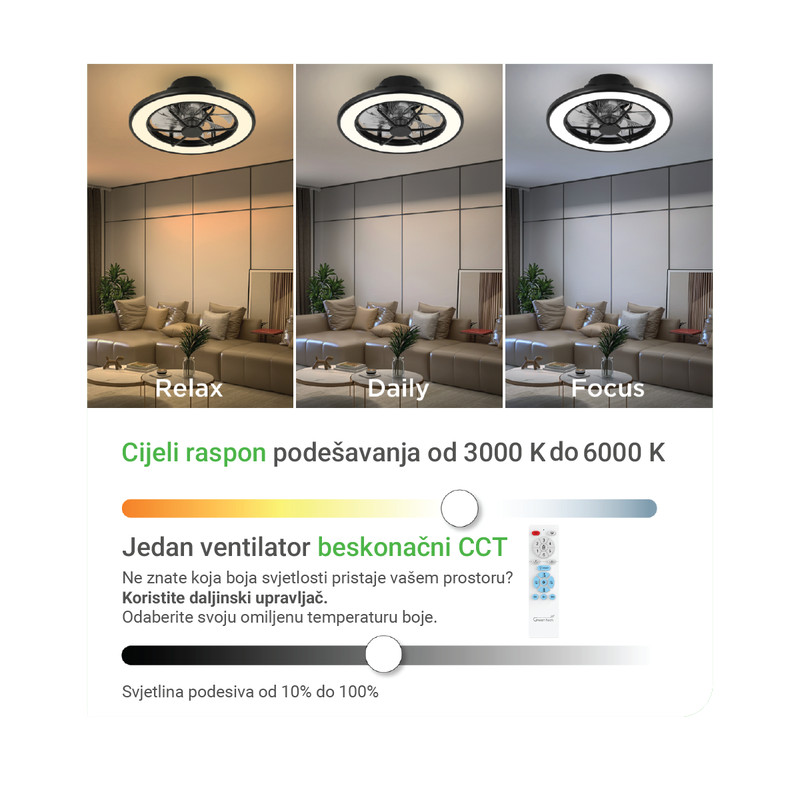 STROPNI VENTILATOR SA SVJETILJKOM GREEN TECH, 18, 40W, 3CCT, CRNI